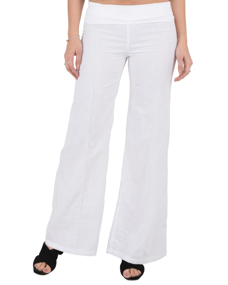 Front of a model wearing a size L Wilma Wide Leg Yoga Pants in White by Standards & Practices. | dia_product_style_image_id:276226